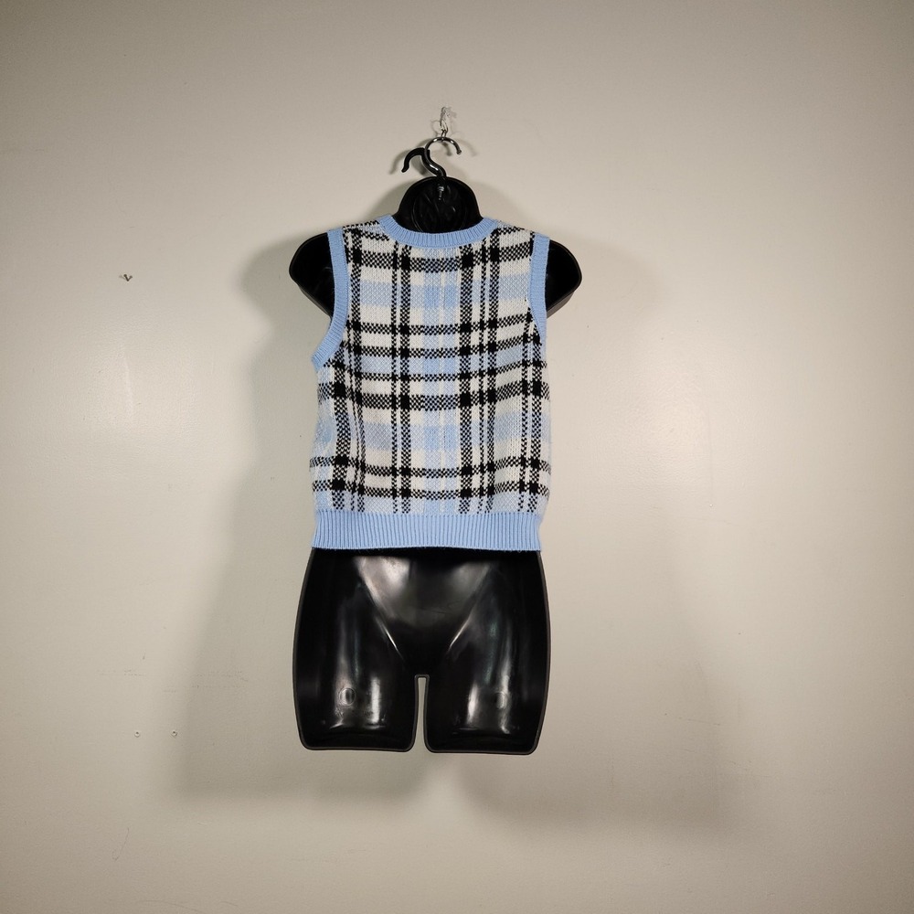 NO BO NO BOUNDARIES Sweater Vest Juniors M White Blue Plaid Preppy Academia Cozy - Picture 3 of 11